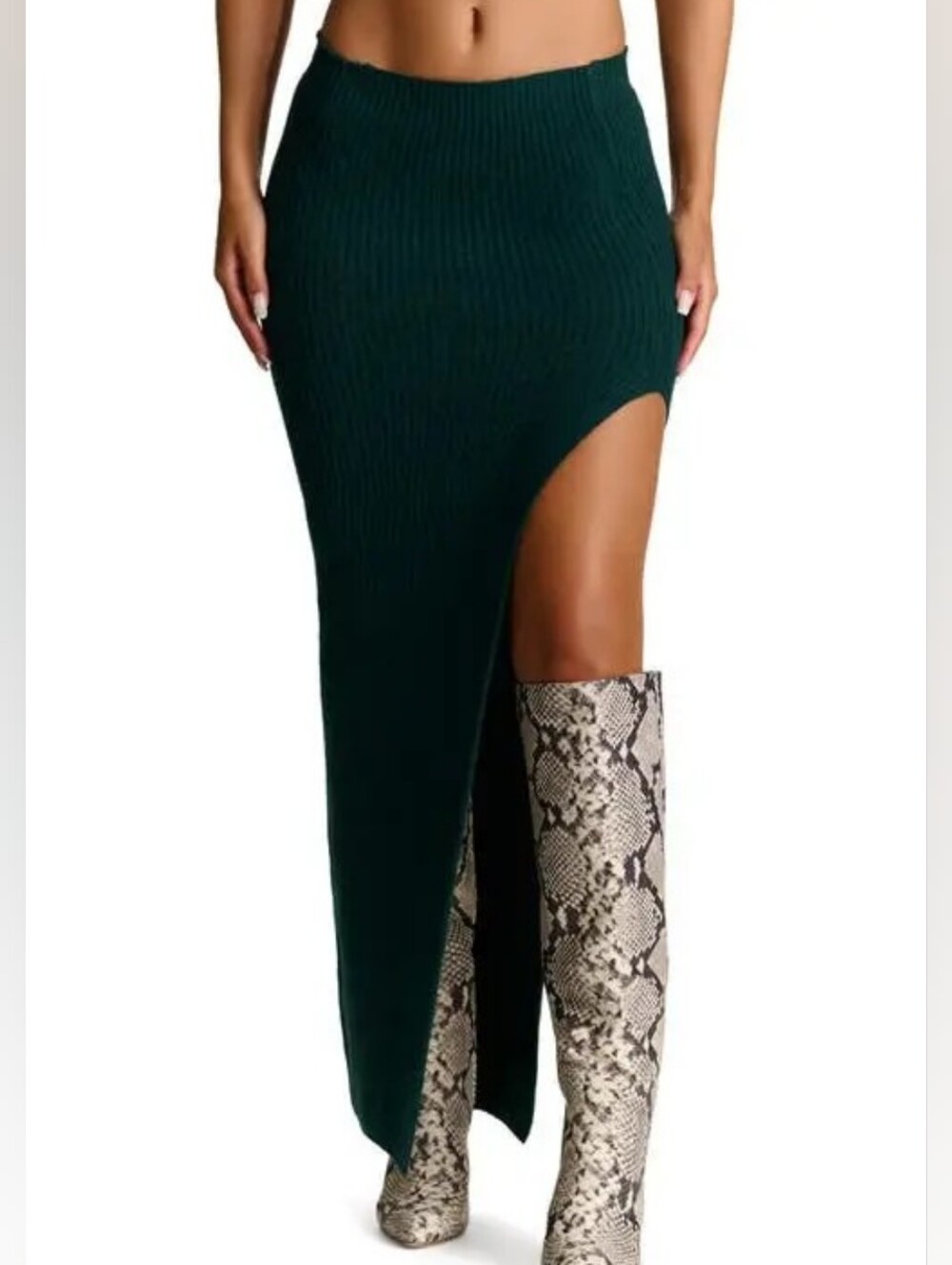 naked wardrobe Dark Green Asymmetrical High-Slit Rib Knit Skirt XS